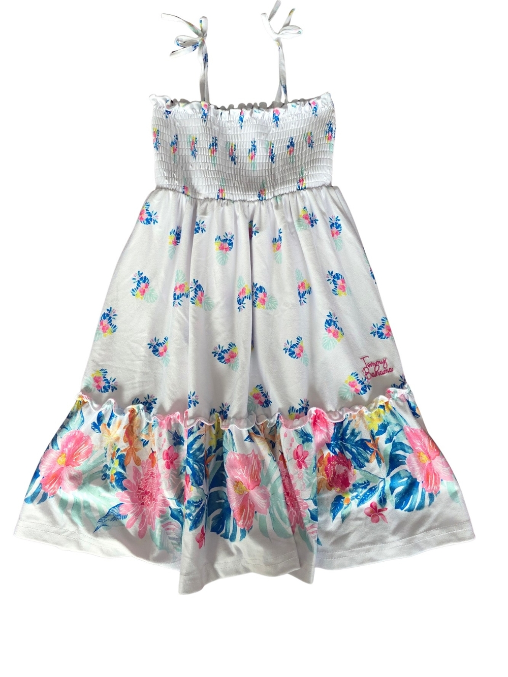 Tommy Bahama White Sundress with Pink, Blue & Yellow Floral Hem